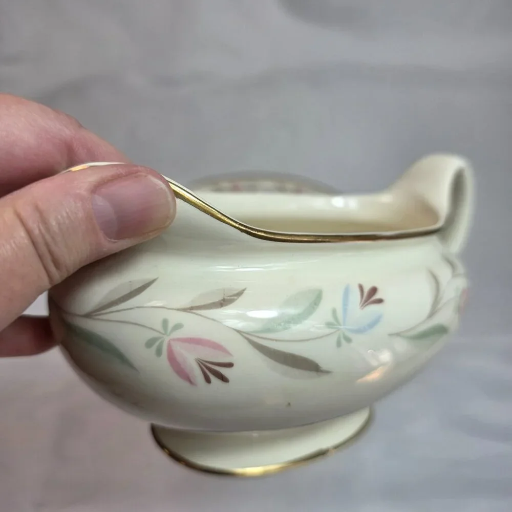 Homer Laughlin Nantucket Gravy Boat with Underplate Pink & Blue Flowers